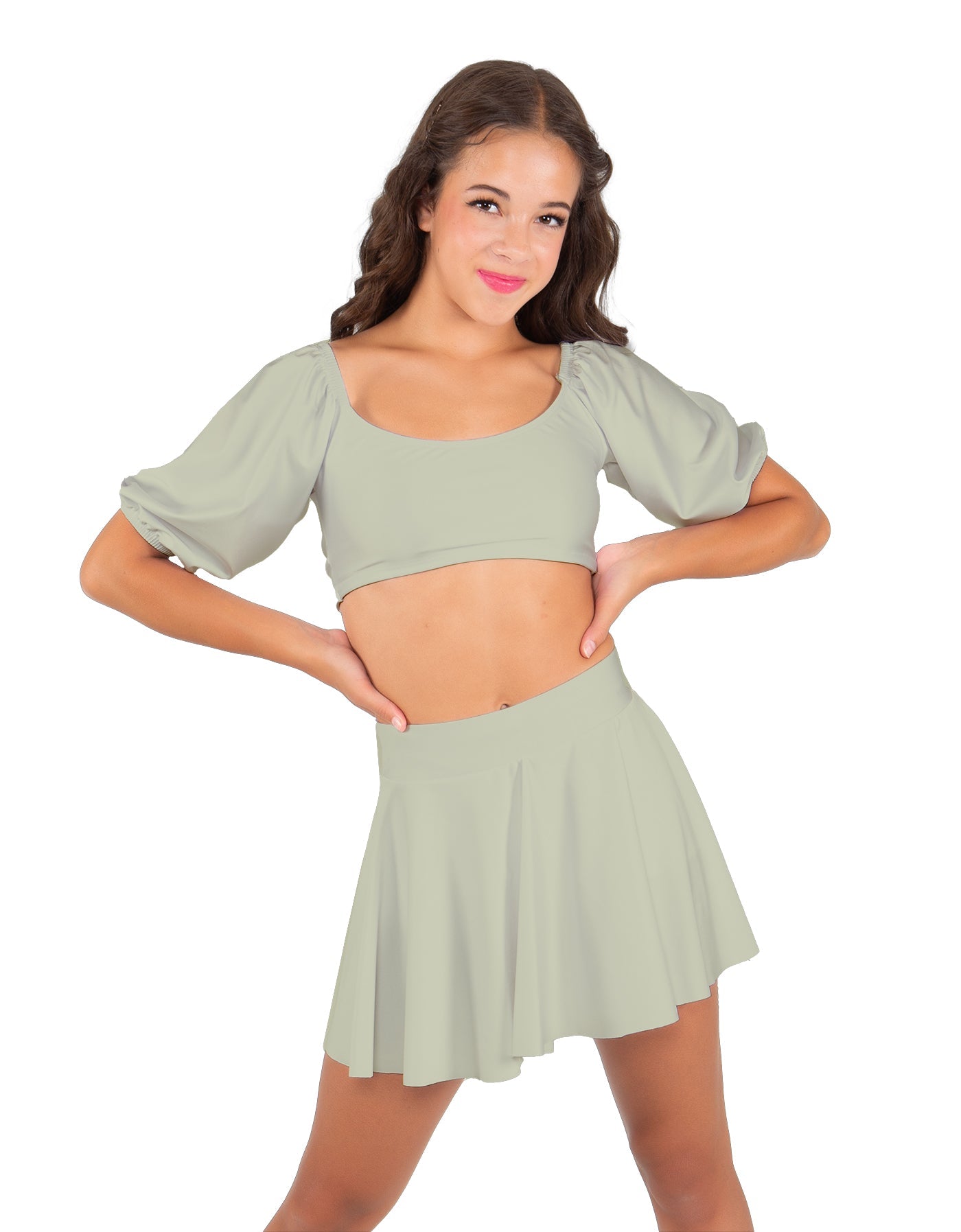 Solid Lycra Peasant Sleeve Tie Up Crop Top