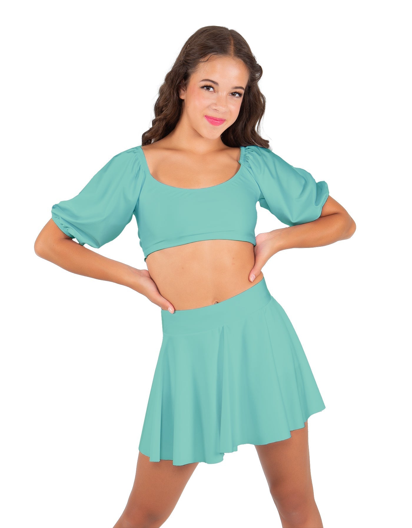 Solid Lycra Peasant Sleeve Tie Up Crop Top
