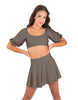 Solid Lycra Peasant Sleeve Tie Up Crop Top