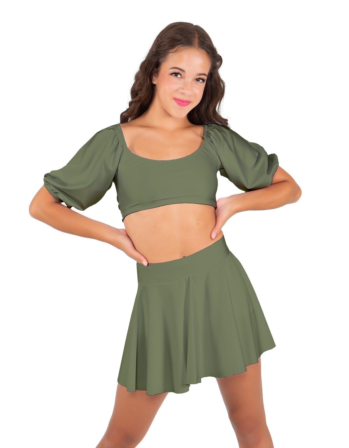Solid Lycra Peasant Sleeve Tie Up Crop Top