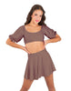 Solid Lycra Peasant Sleeve Tie Up Crop Top