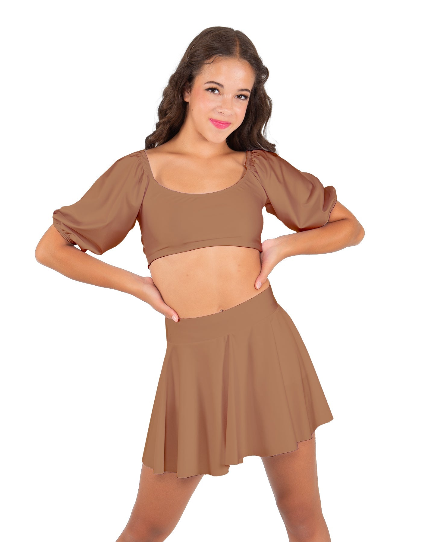 Solid Lycra Peasant Sleeve Tie Up Crop Top