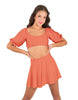 Solid Lycra Peasant Sleeve Tie Up Crop Top