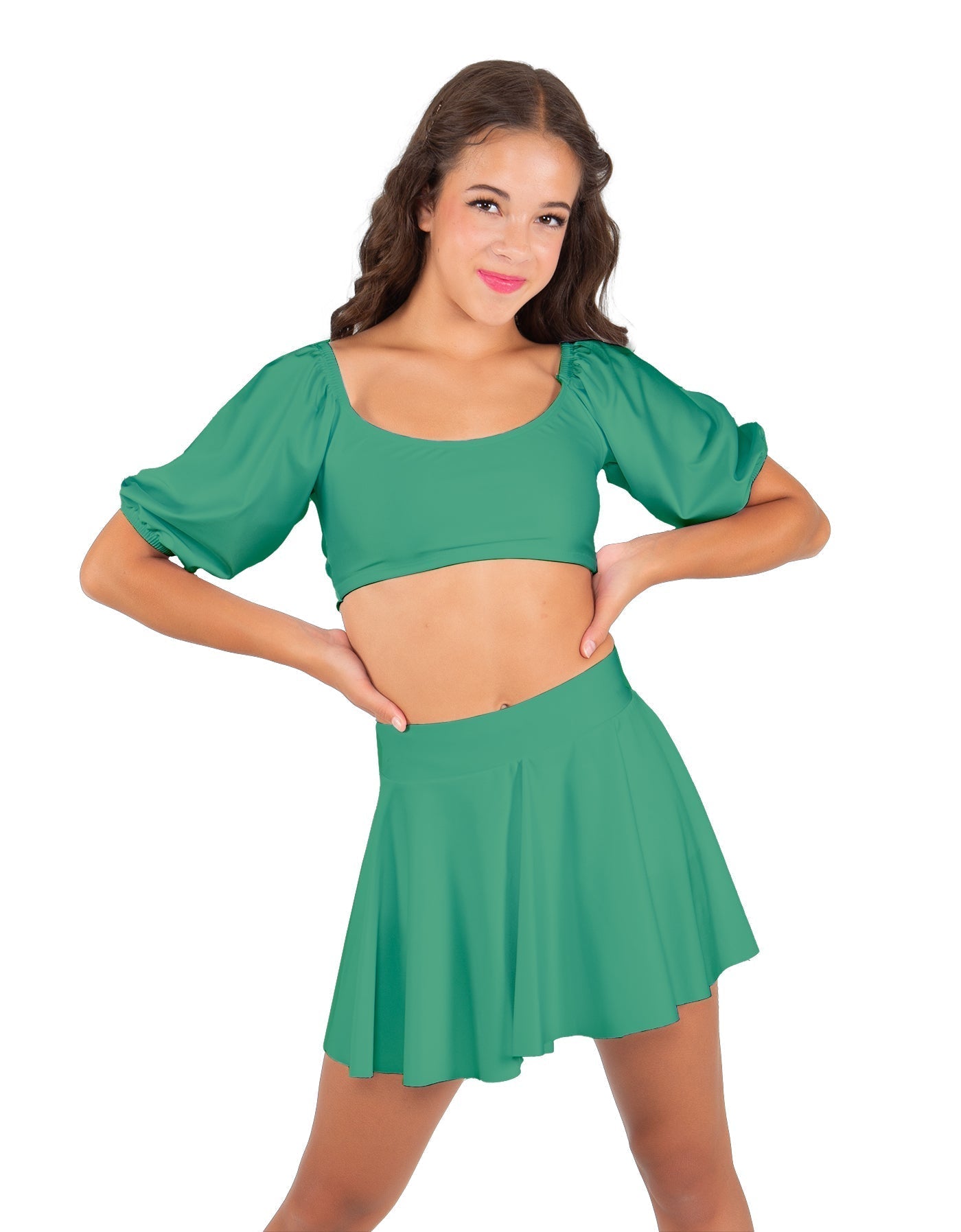 Solid Lycra Peasant Sleeve Tie Up Crop Top