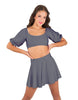 Solid Lycra Peasant Sleeve Tie Up Crop Top