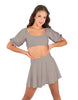 Solid Lycra Peasant Sleeve Tie Up Crop Top