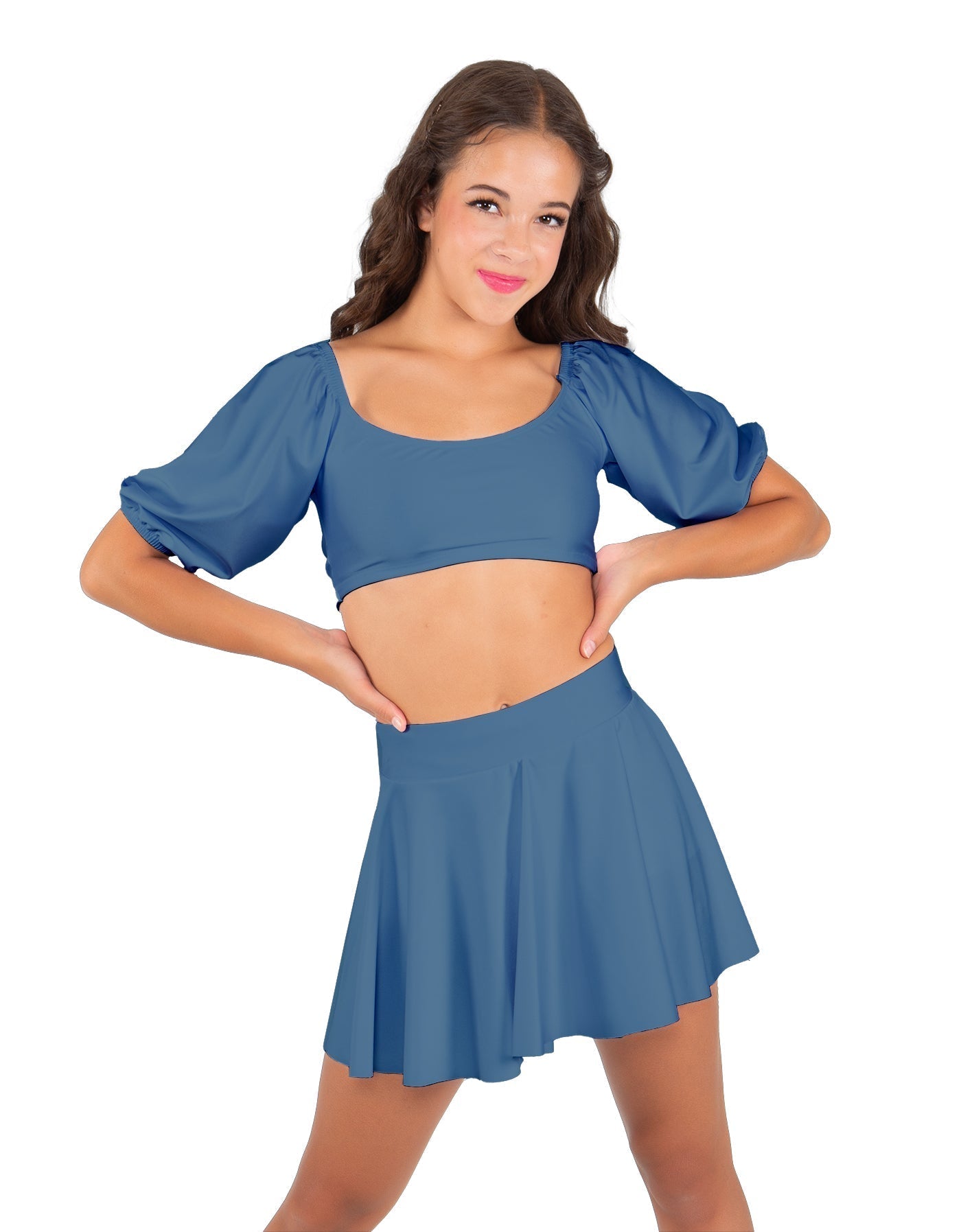 Solid Lycra Peasant Sleeve Tie Up Crop Top