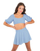 Solid Lycra Peasant Sleeve Tie Up Crop Top