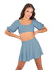 Solid Lycra Peasant Sleeve Tie Up Crop Top