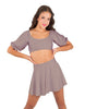 Solid Lycra Peasant Sleeve Tie Up Crop Top
