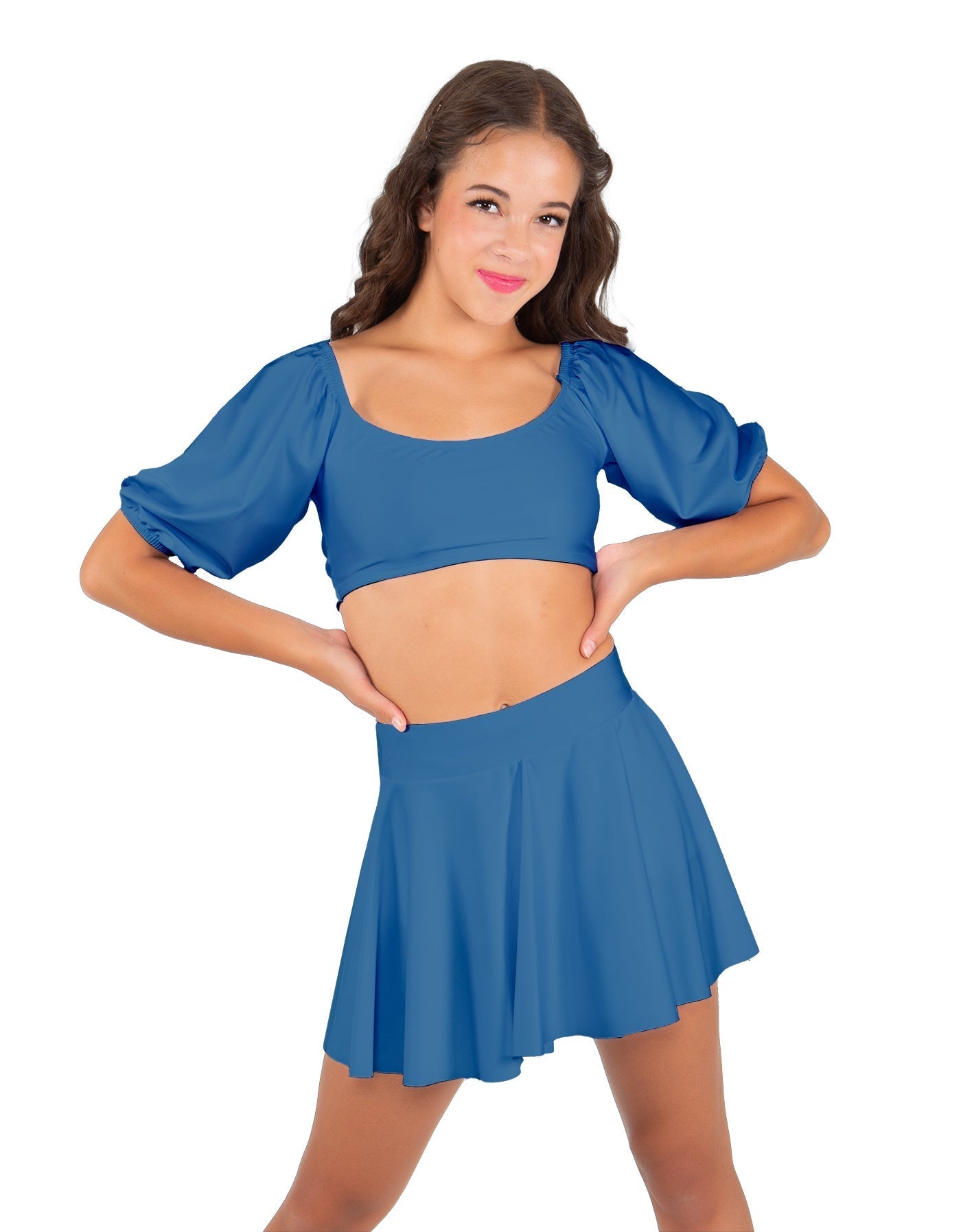 Solid Lycra Peasant Sleeve Tie Up Crop Top