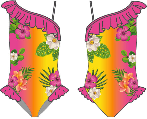 Custom Miami One Shoulder Leotard with Neck and Leg Ruffle