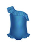 Solid Hologram One Shoulder Leotard with Neck and Leg Ruffle