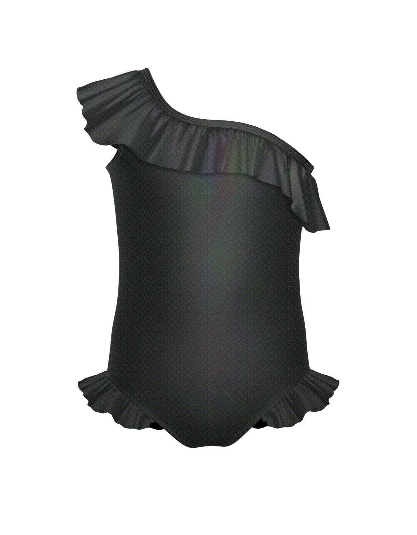 Solid Hologram One Shoulder Leotard with Neck and Leg Ruffle