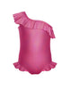 Solid Hologram One Shoulder Leotard with Neck and Leg Ruffle