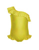 Solid Hologram One Shoulder Leotard with Neck and Leg Ruffle