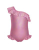 Solid Hologram One Shoulder Leotard with Neck and Leg Ruffle