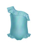 Solid Hologram One Shoulder Leotard with Neck and Leg Ruffle
