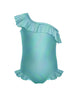 Solid Hologram One Shoulder Leotard with Neck and Leg Ruffle