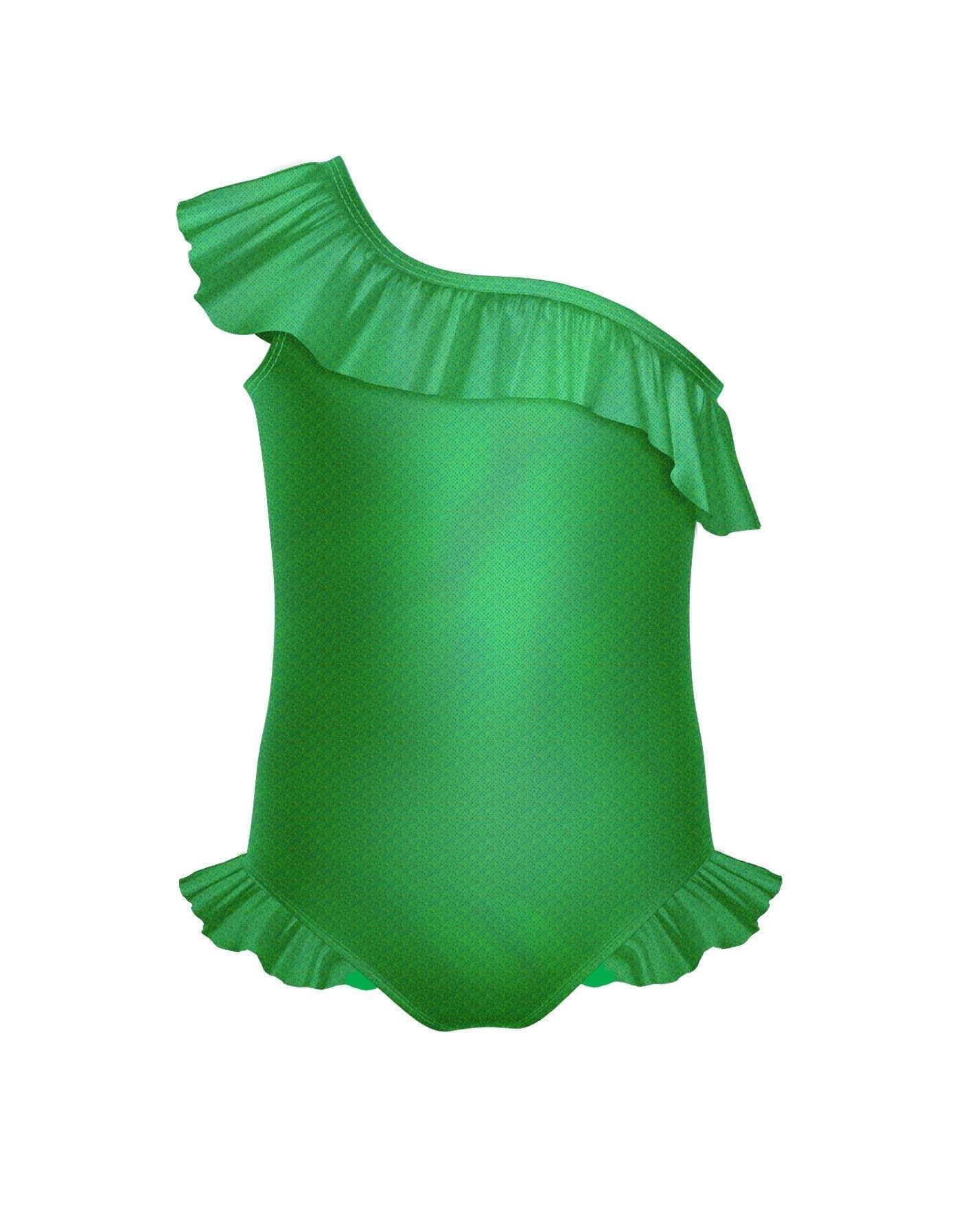 Solid Hologram One Shoulder Leotard with Neck and Leg Ruffle