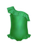 Solid Hologram One Shoulder Leotard with Neck and Leg Ruffle