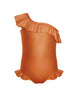 Solid Hologram One Shoulder Leotard with Neck and Leg Ruffle