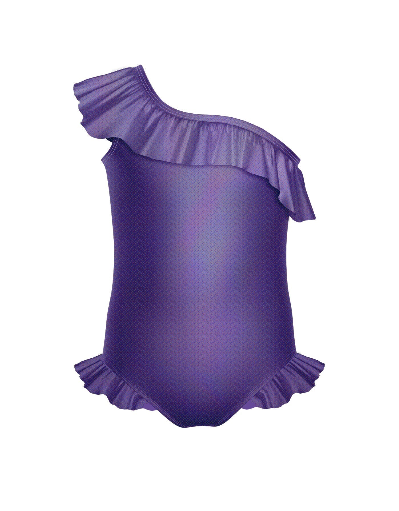 Solid Hologram One Shoulder Leotard with Neck and Leg Ruffle