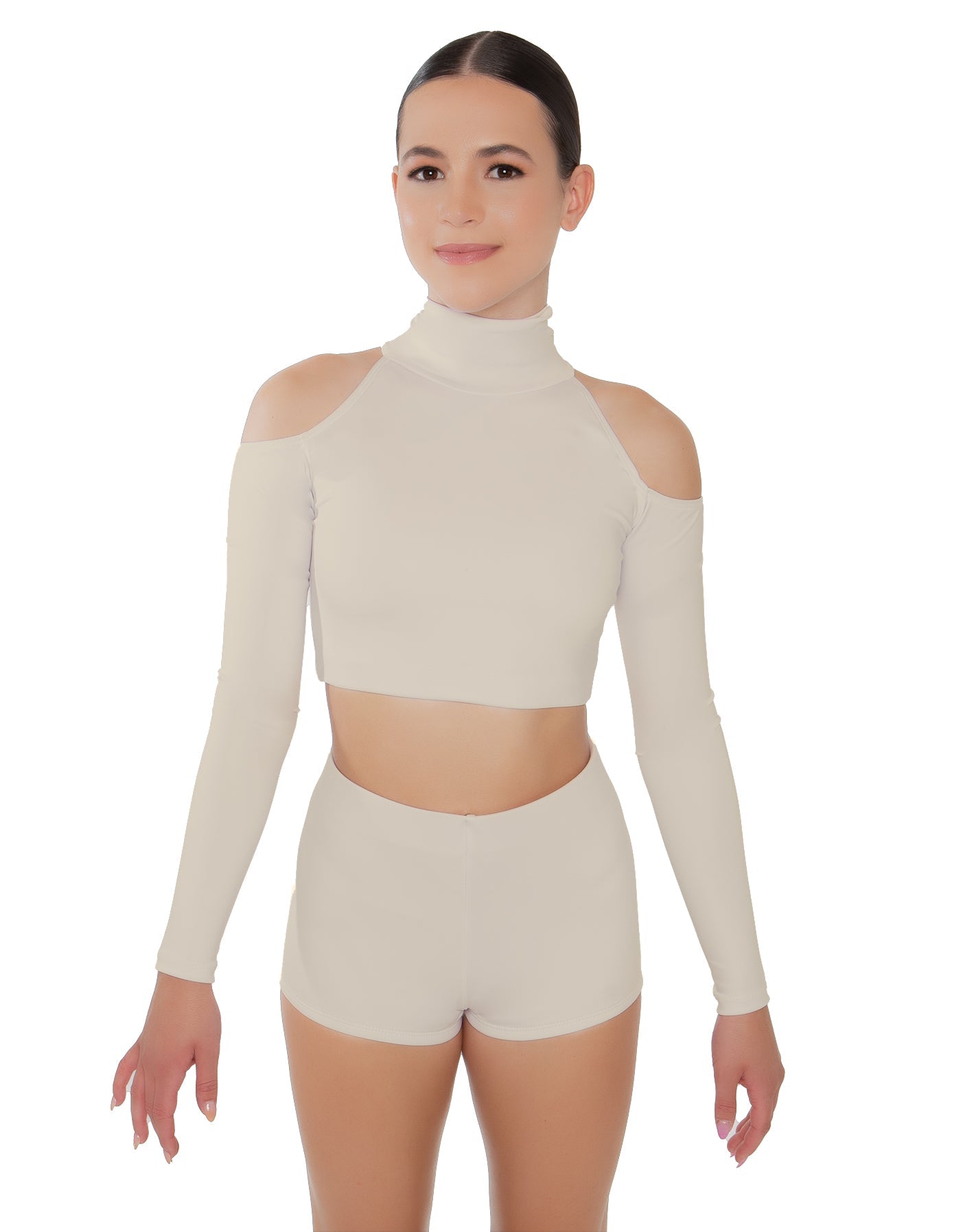 Solid Lycra LS TNeck Keyhole Cold Shoulder Crop Top