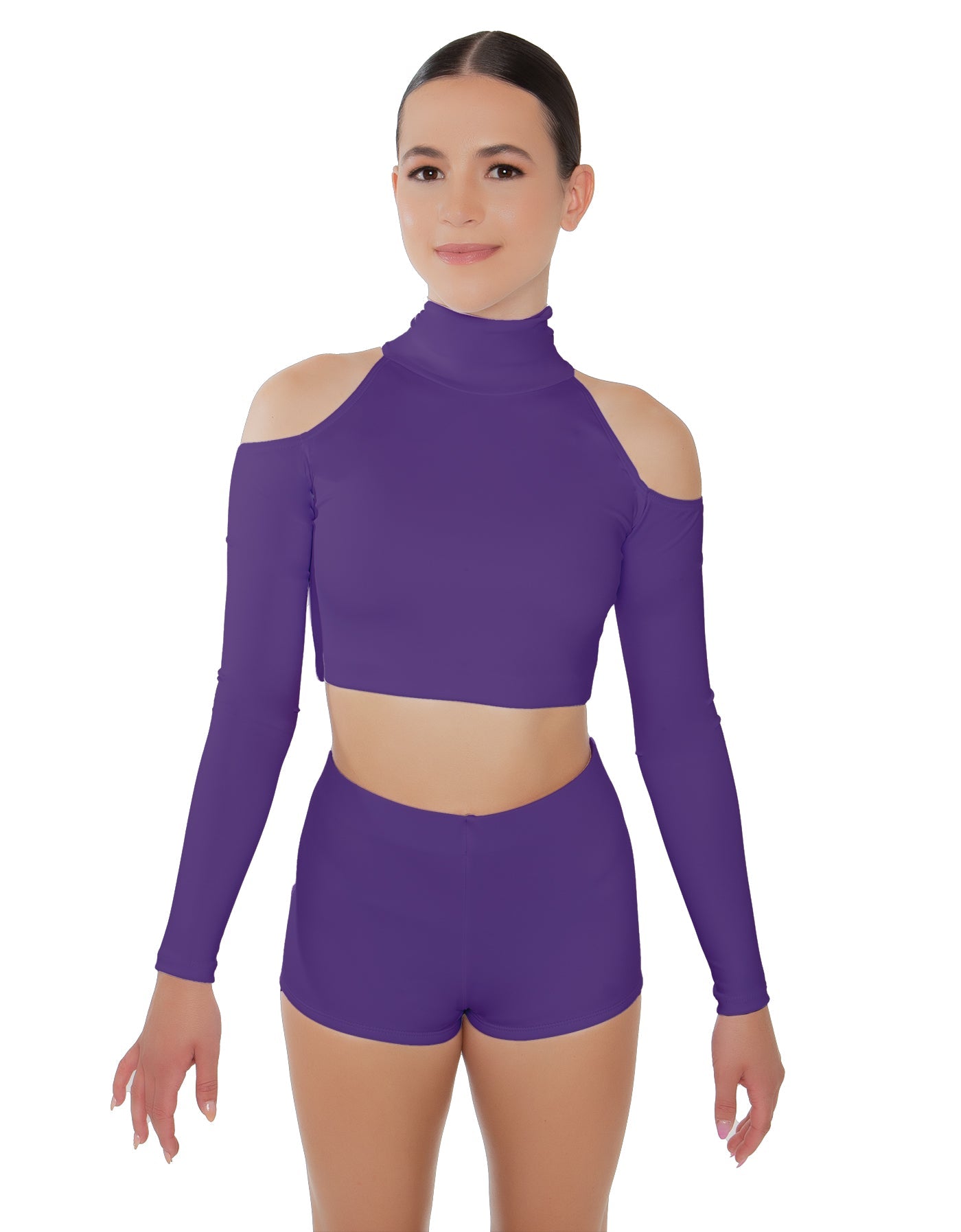 Solid Lycra LS TNeck Keyhole Cold Shoulder Crop Top