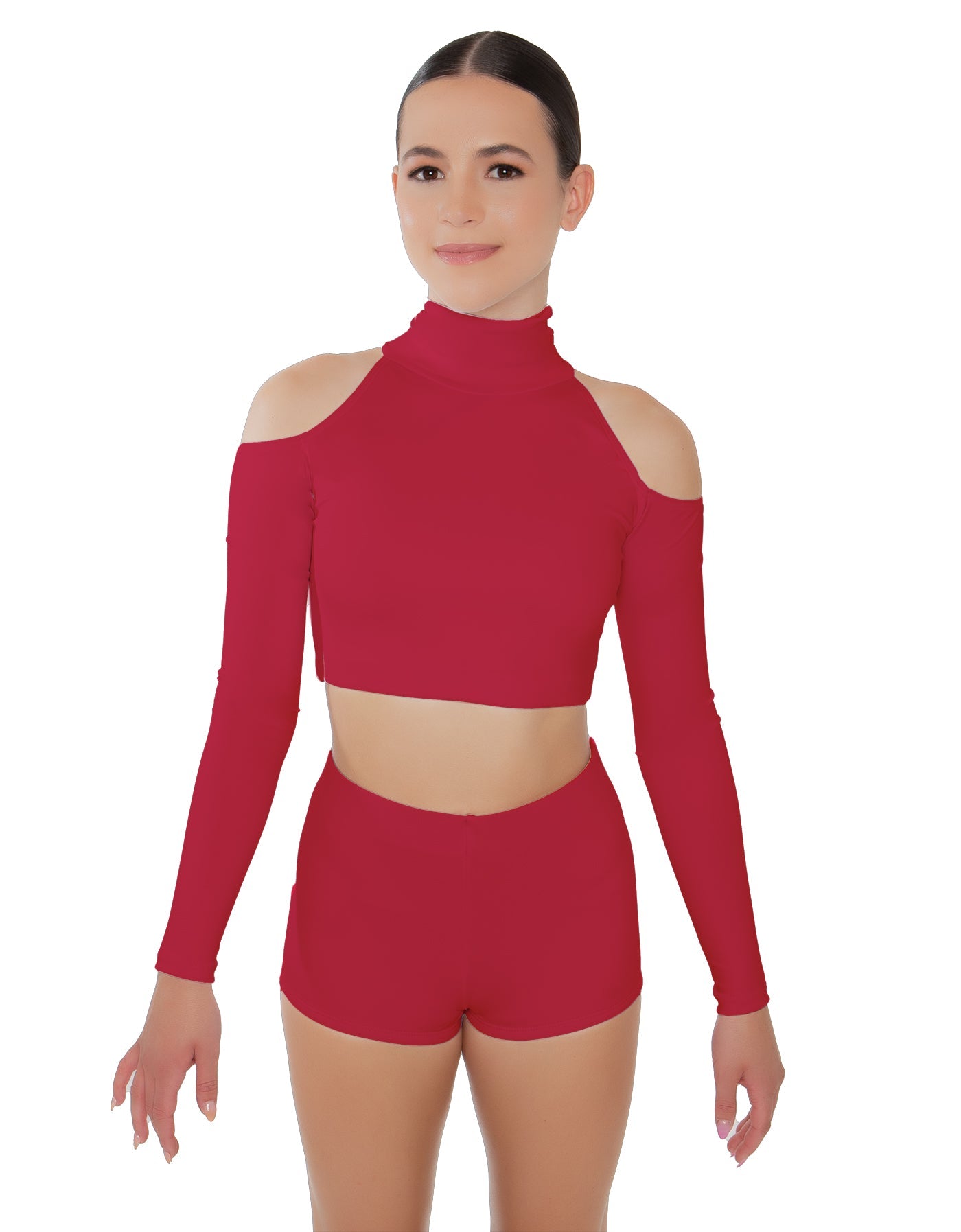 Solid Lycra LS TNeck Keyhole Cold Shoulder Crop Top