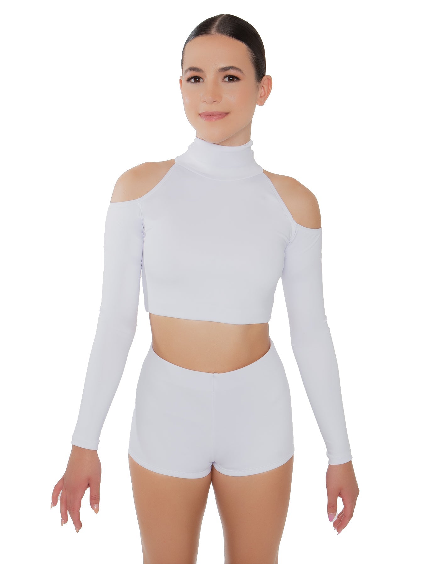Solid Lycra LS TNeck Keyhole Cold Shoulder Crop Top