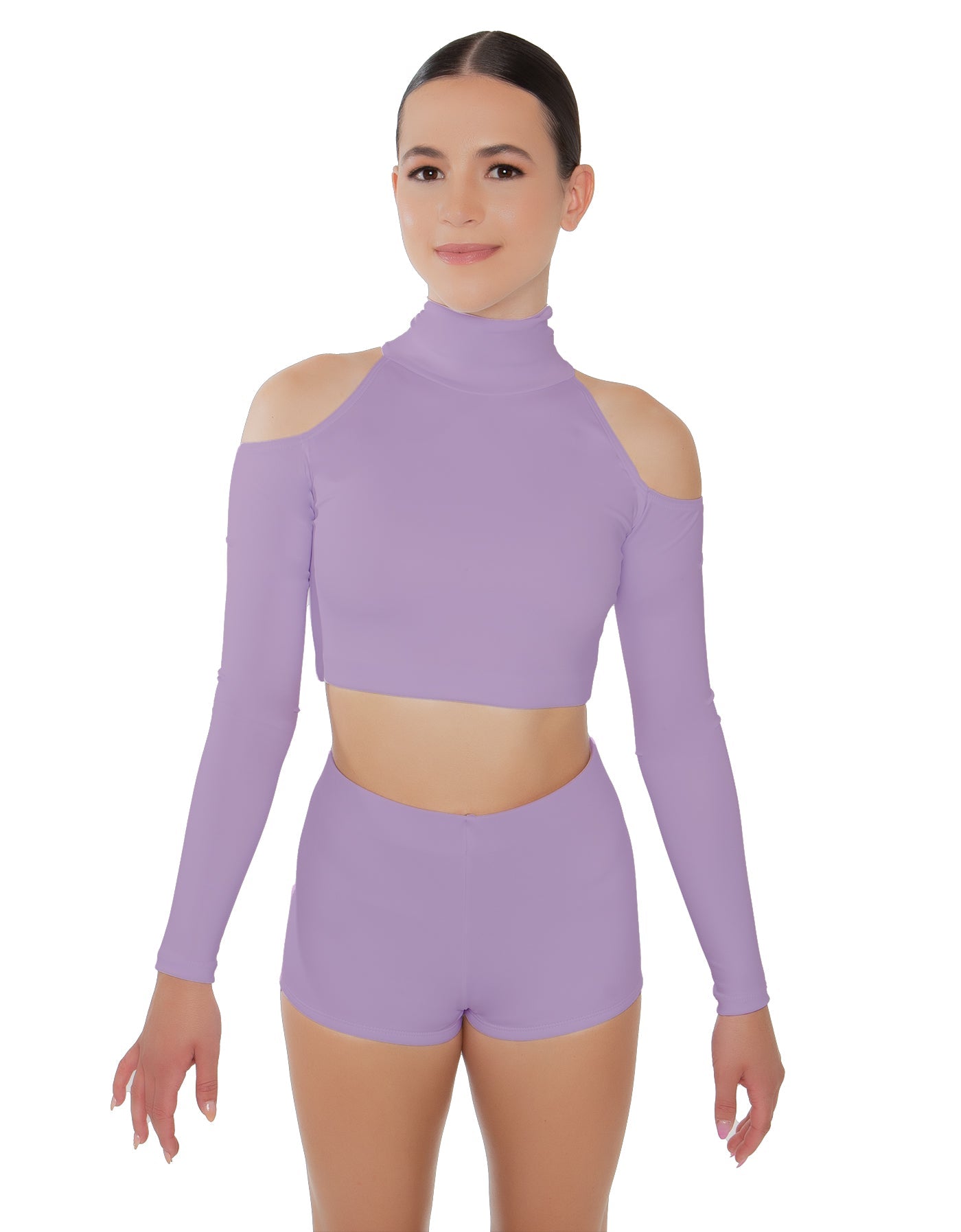Solid Lycra LS TNeck Keyhole Cold Shoulder Crop Top