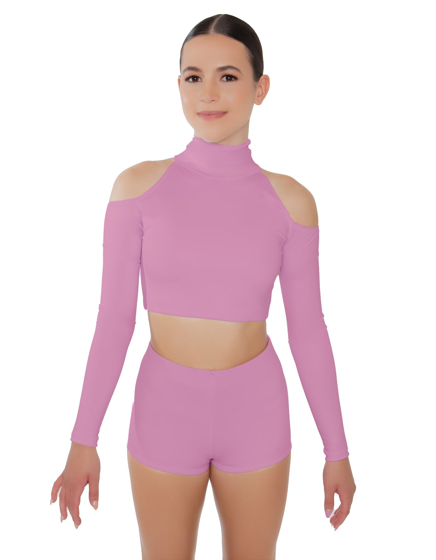 Solid Lycra LS TNeck Keyhole Cold Shoulder Crop Top