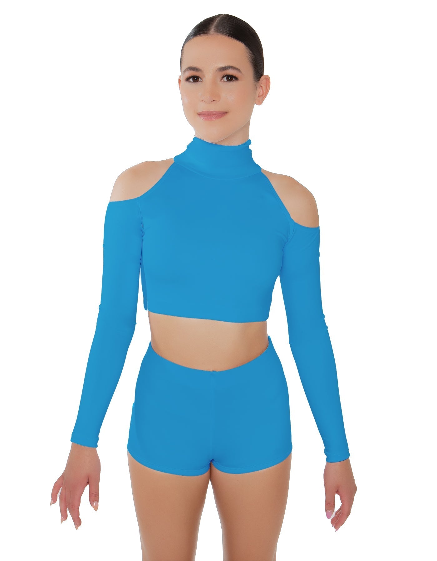 Solid Lycra LS TNeck Keyhole Cold Shoulder Crop Top