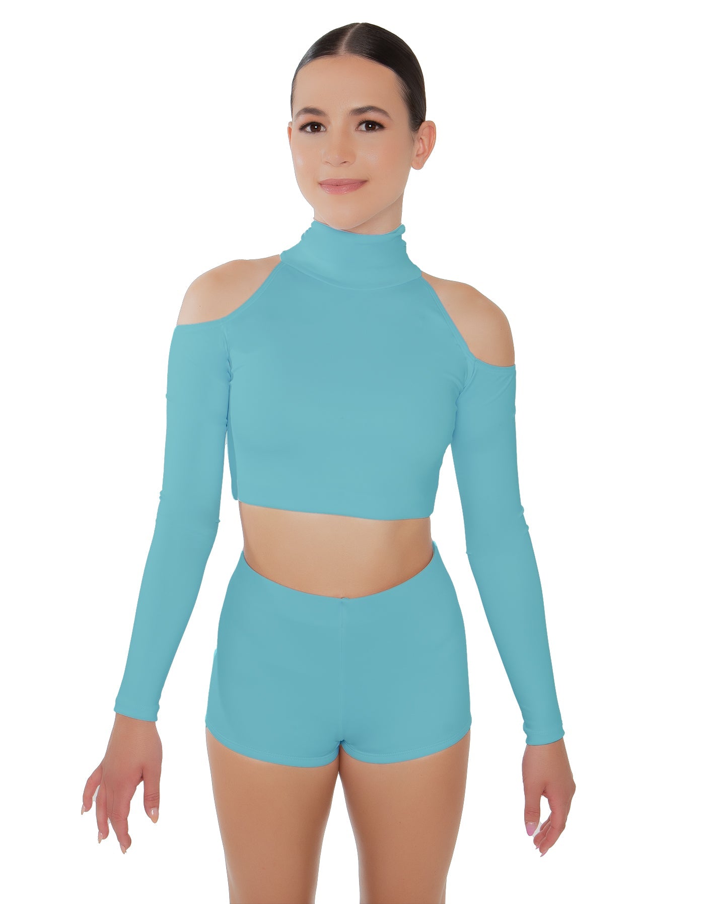 Solid Lycra LS TNeck Keyhole Cold Shoulder Crop Top