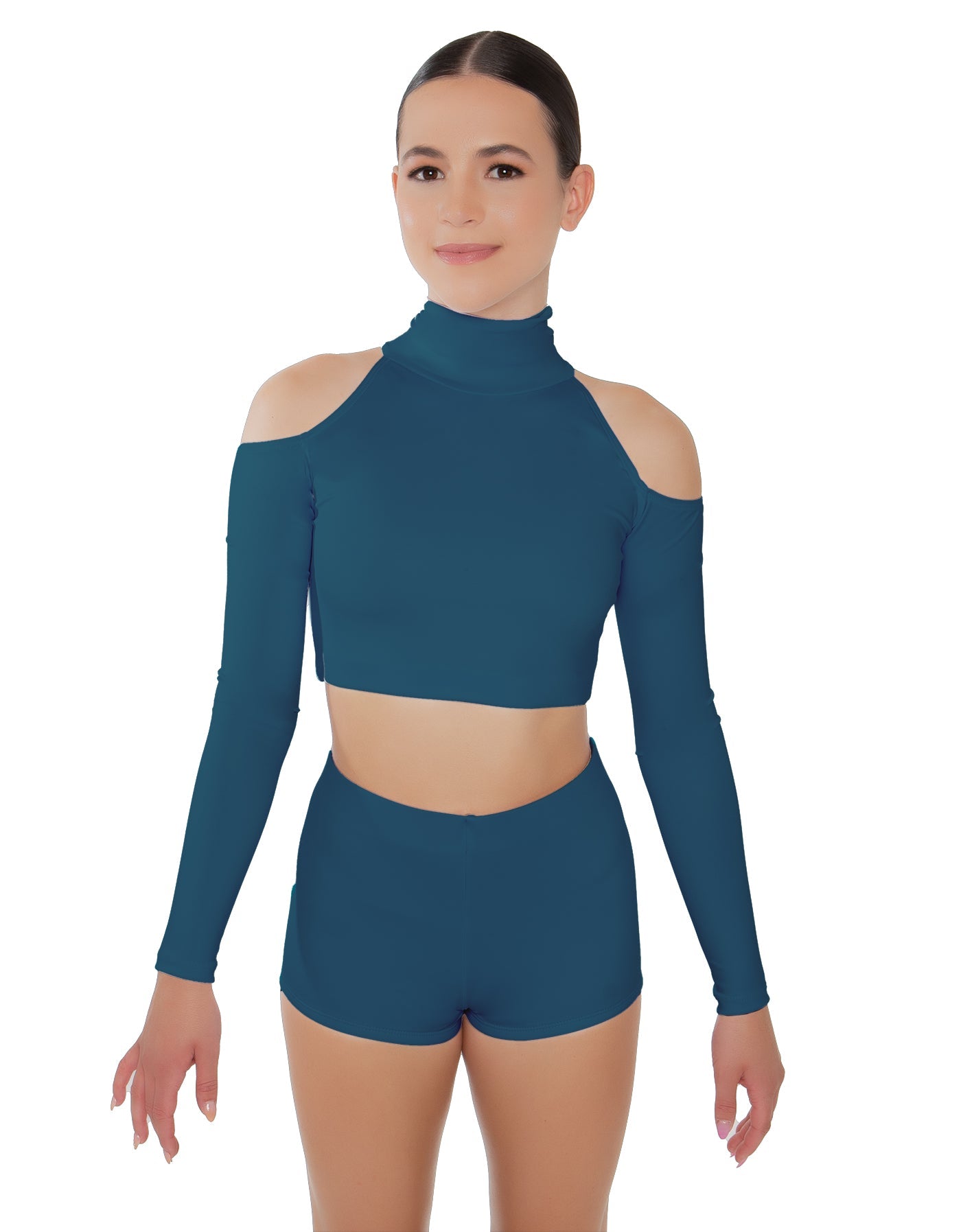 Solid Lycra LS TNeck Keyhole Cold Shoulder Crop Top