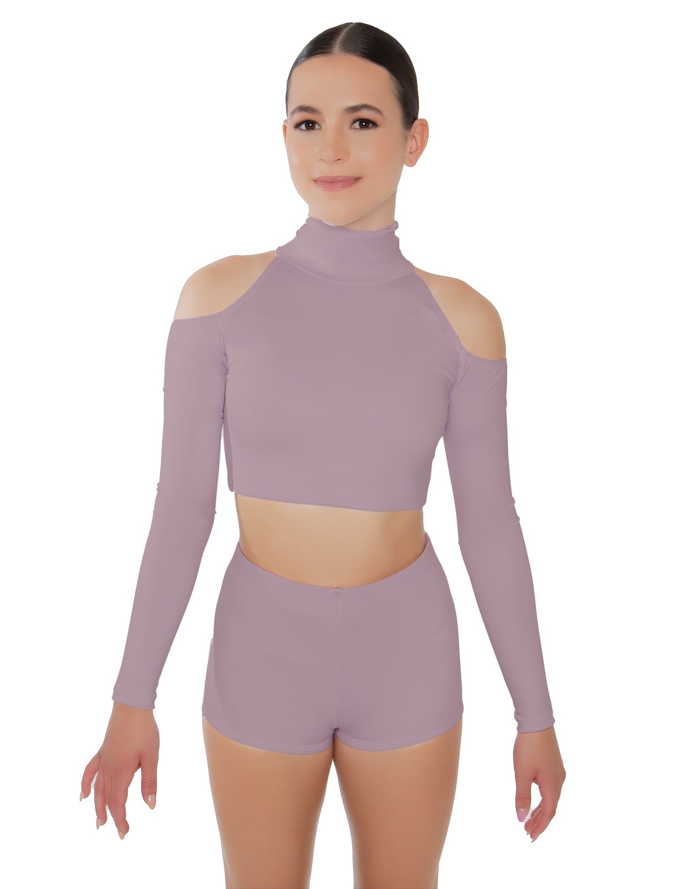 Solid Lycra LS TNeck Keyhole Cold Shoulder Crop Top