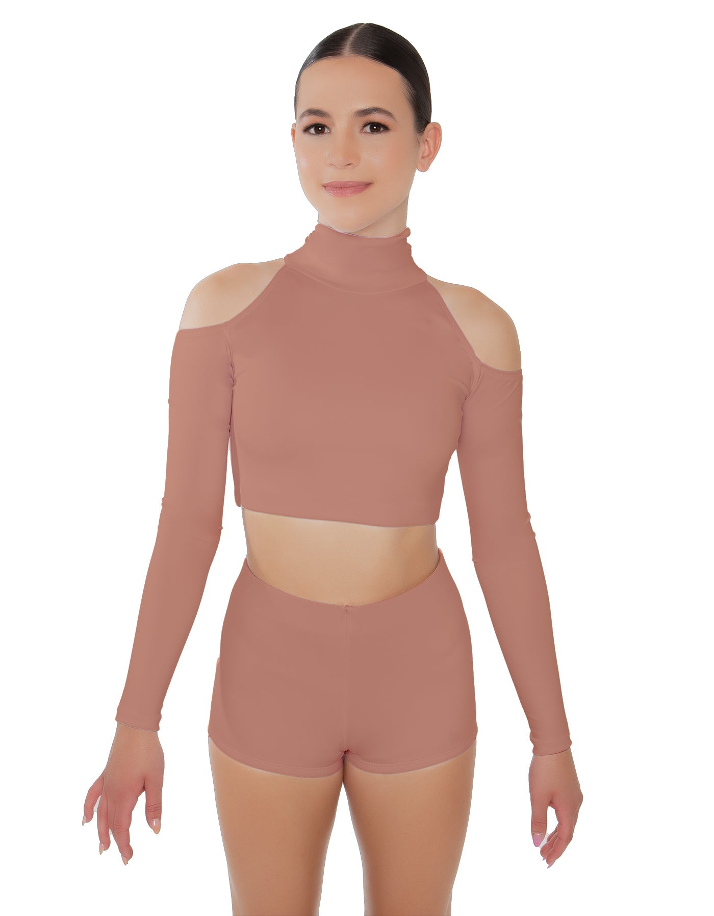 Solid Lycra LS TNeck Keyhole Cold Shoulder Crop Top
