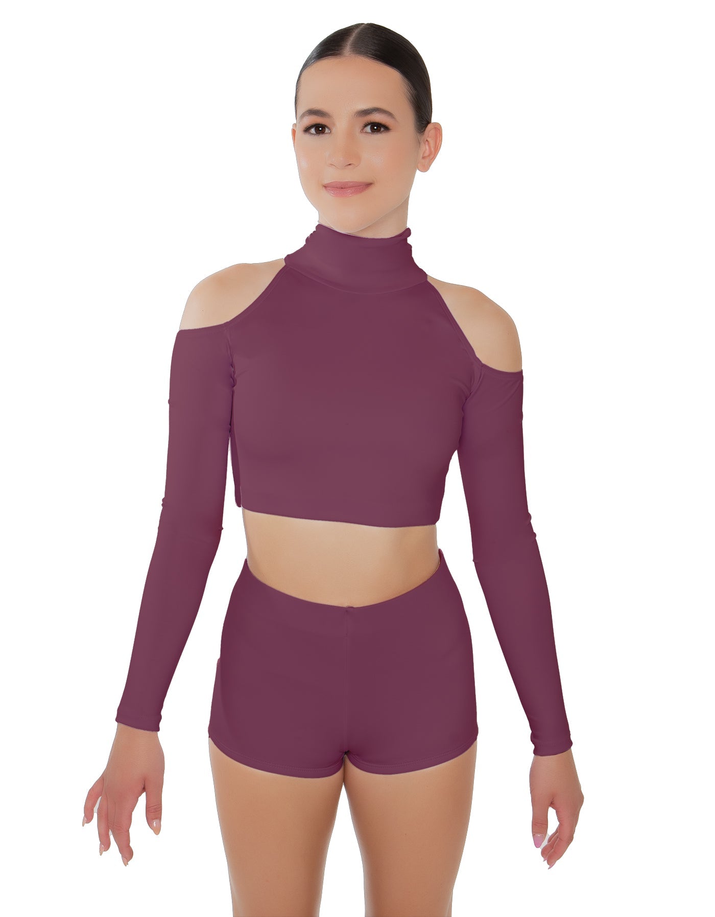 Solid Lycra LS TNeck Keyhole Cold Shoulder Crop Top