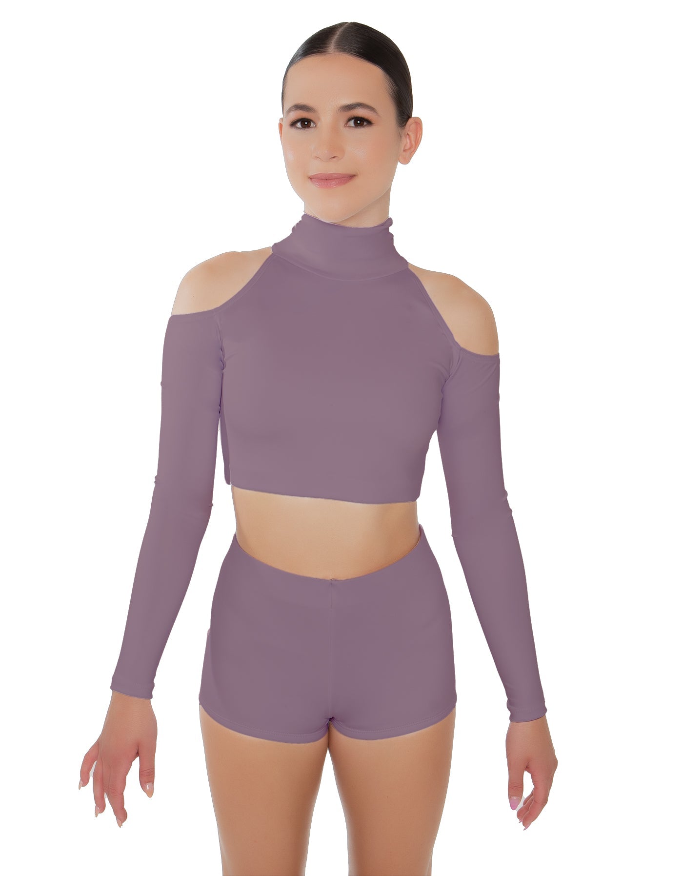 Solid Lycra LS TNeck Keyhole Cold Shoulder Crop Top