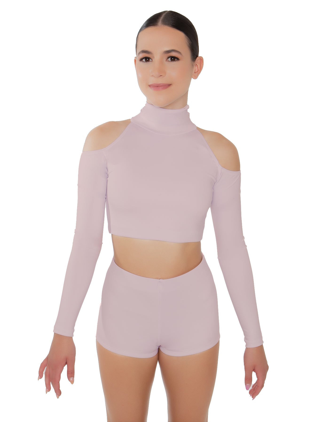 Solid Lycra LS TNeck Keyhole Cold Shoulder Crop Top