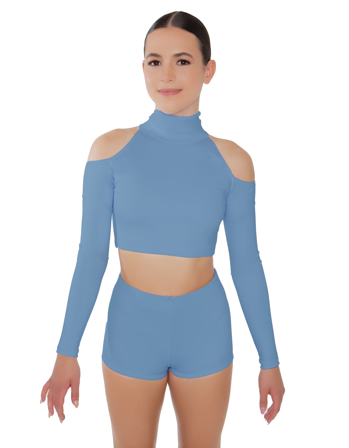Solid Lycra LS TNeck Keyhole Cold Shoulder Crop Top