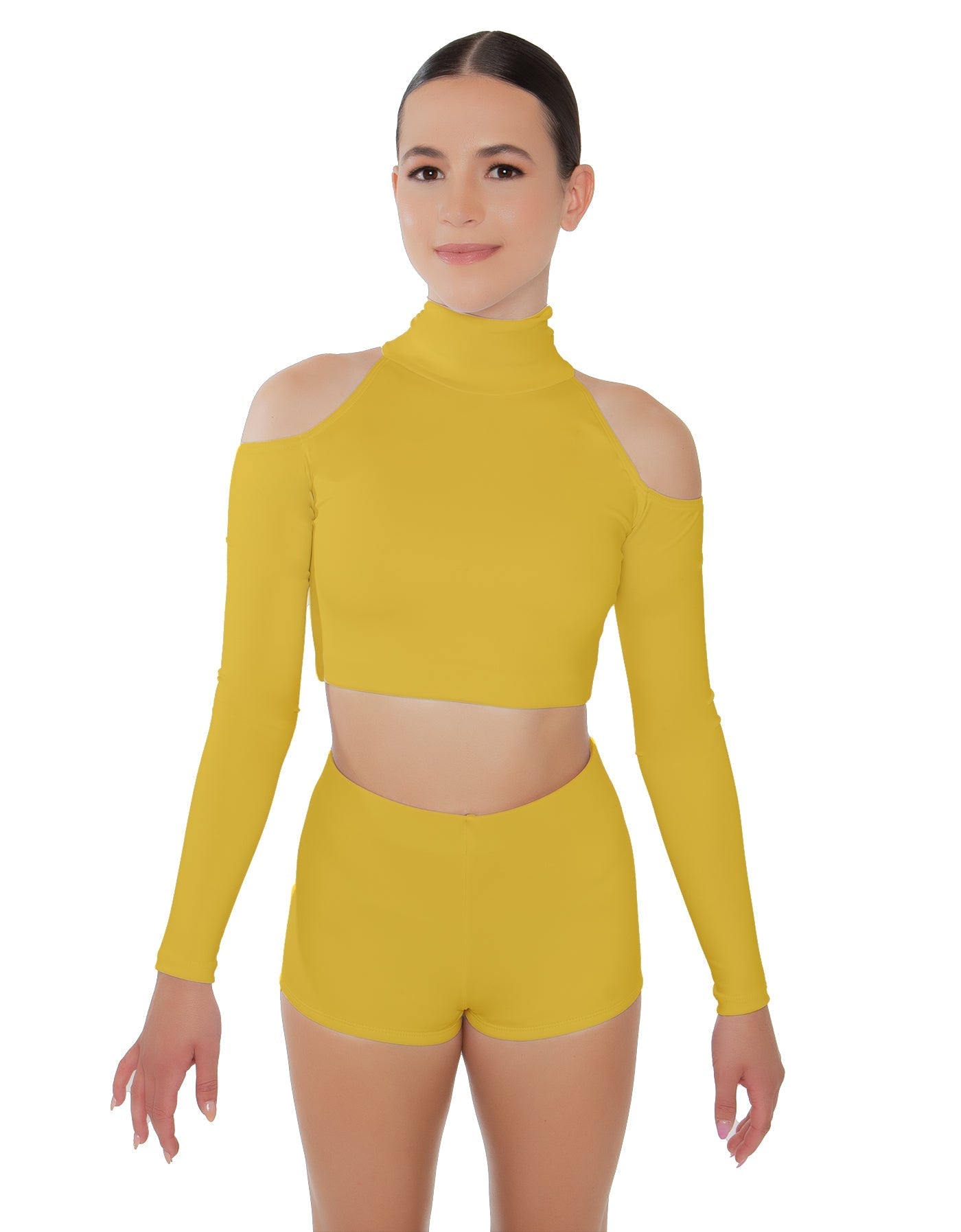 Solid Lycra LS TNeck Keyhole Cold Shoulder Crop Top