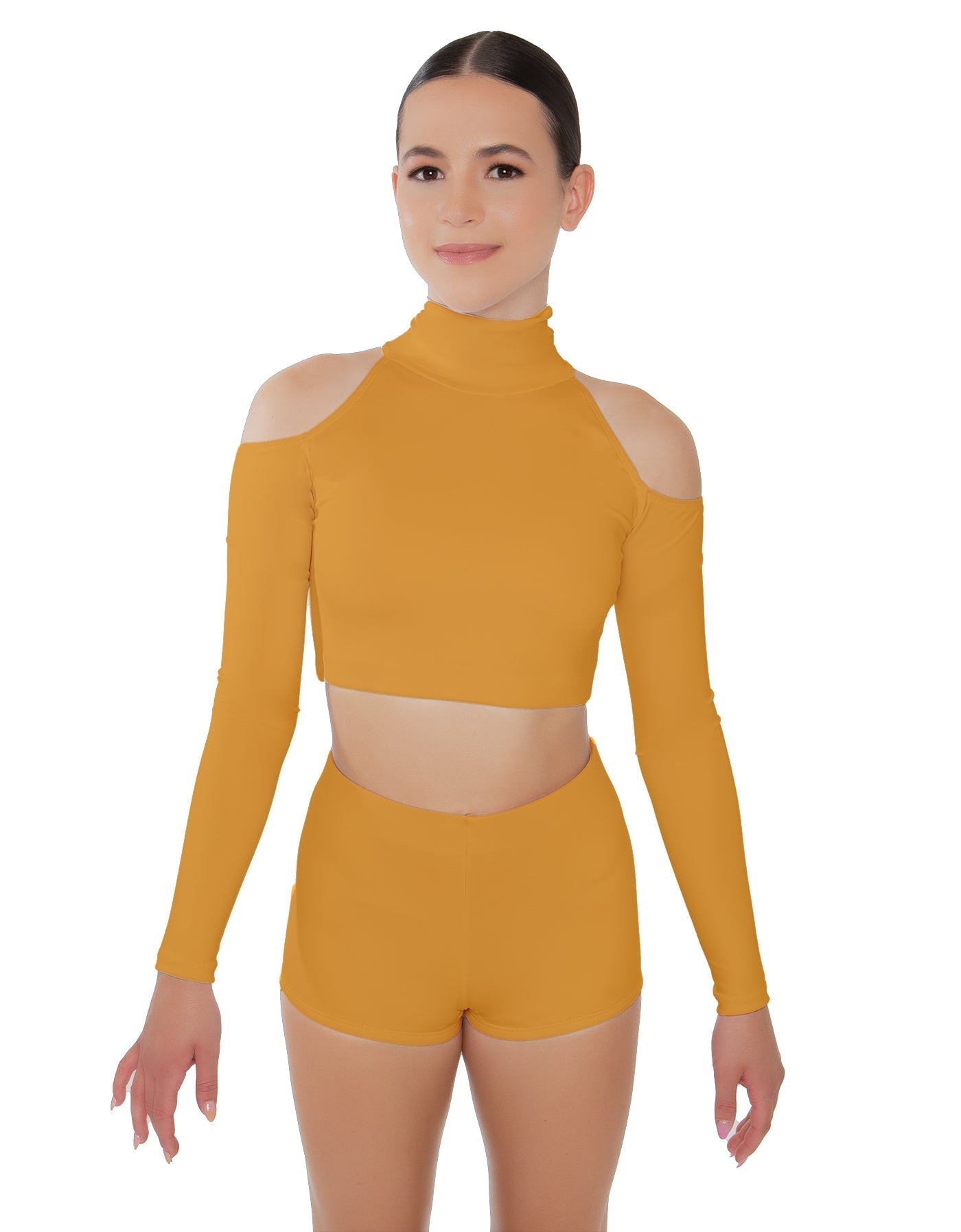 Solid Lycra LS TNeck Keyhole Cold Shoulder Crop Top