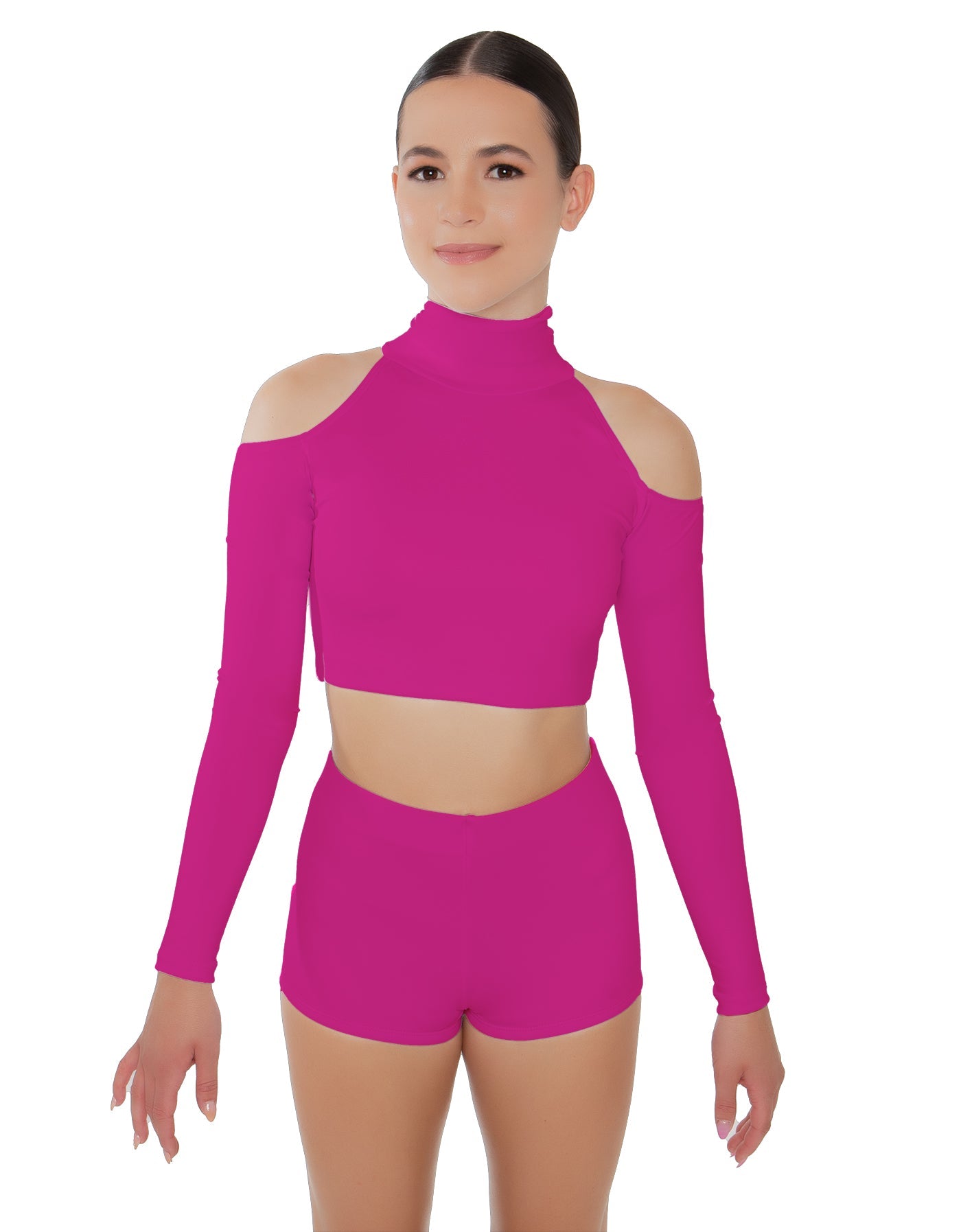 Solid Lycra LS TNeck Keyhole Cold Shoulder Crop Top