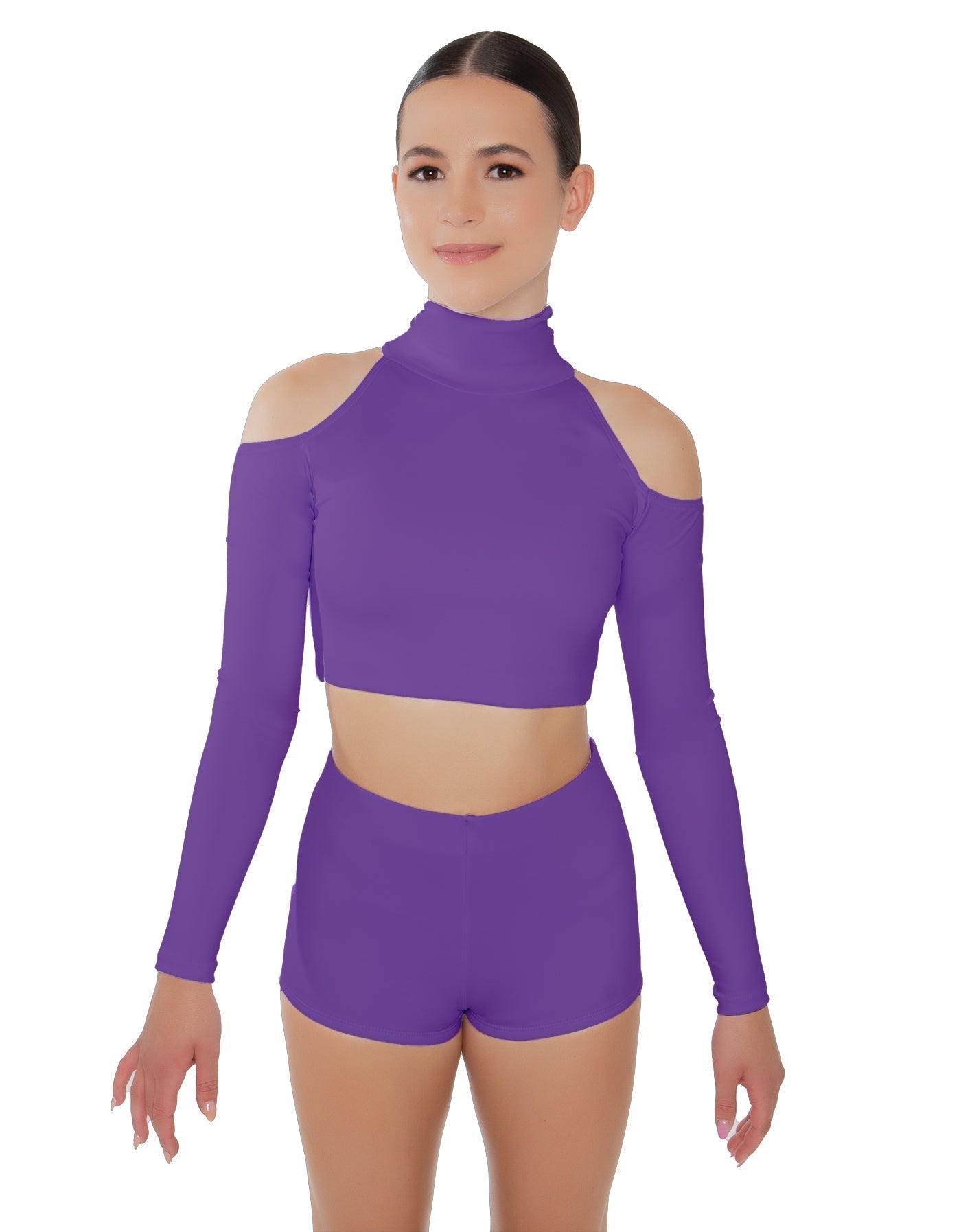 Solid Lycra LS TNeck Keyhole Cold Shoulder Crop Top