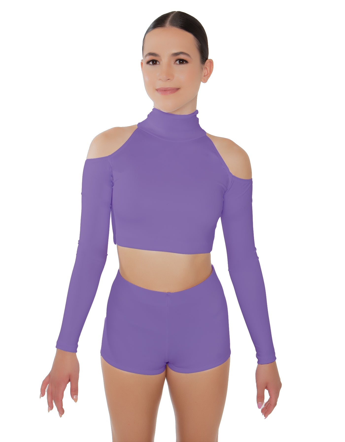 Solid Lycra LS TNeck Keyhole Cold Shoulder Crop Top