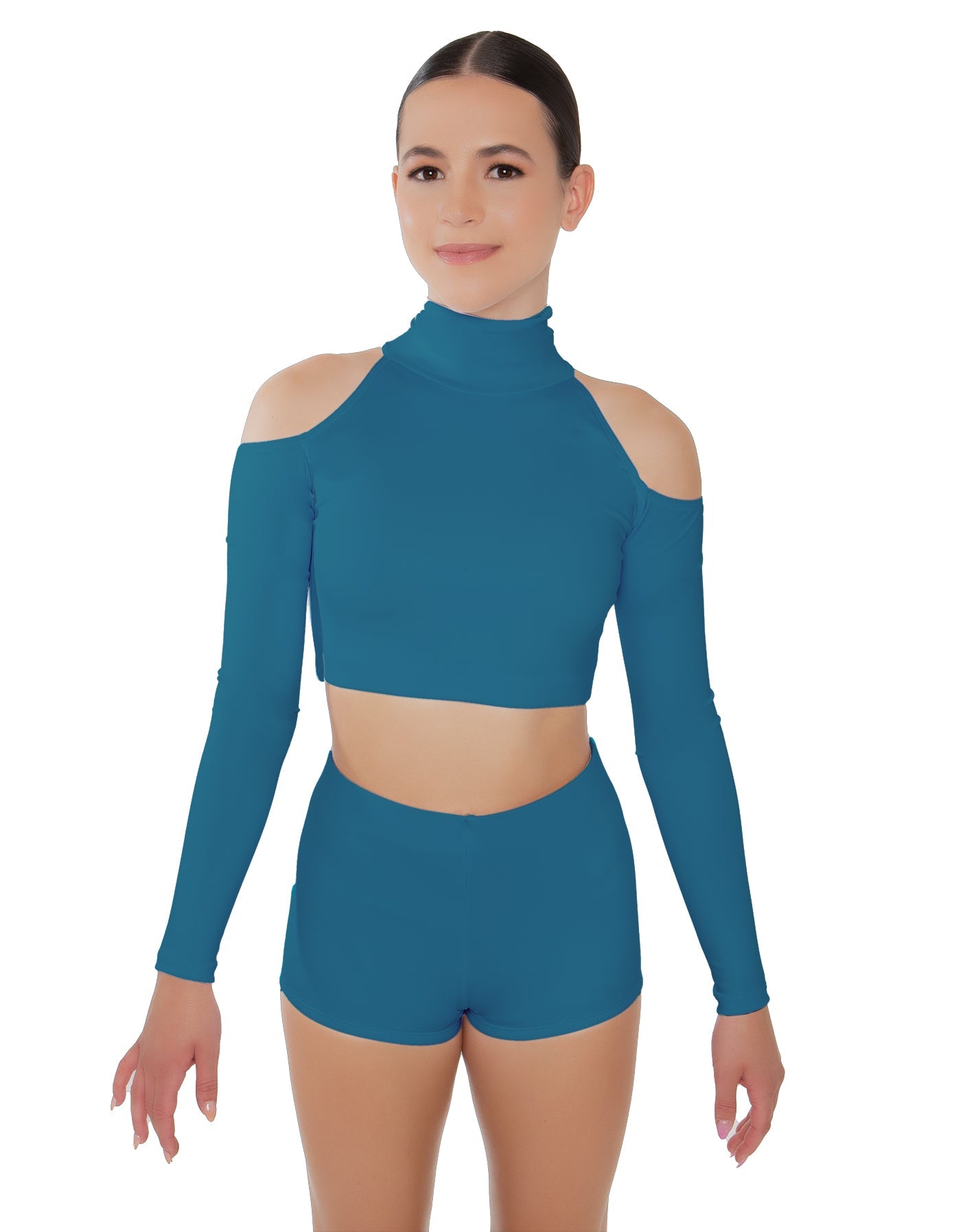 Solid Lycra LS TNeck Keyhole Cold Shoulder Crop Top