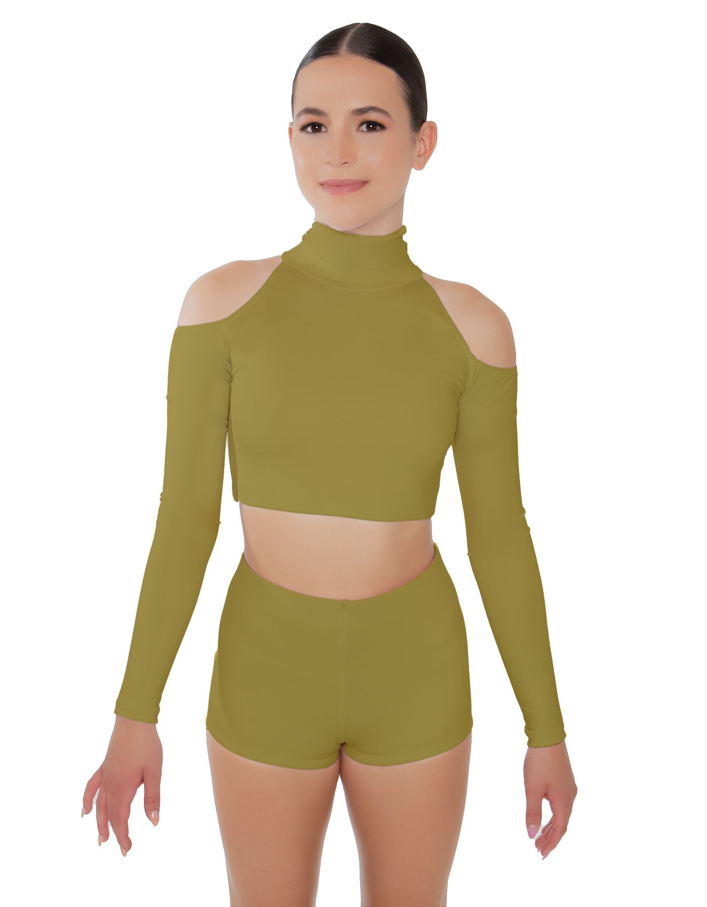 Solid Lycra LS TNeck Keyhole Cold Shoulder Crop Top