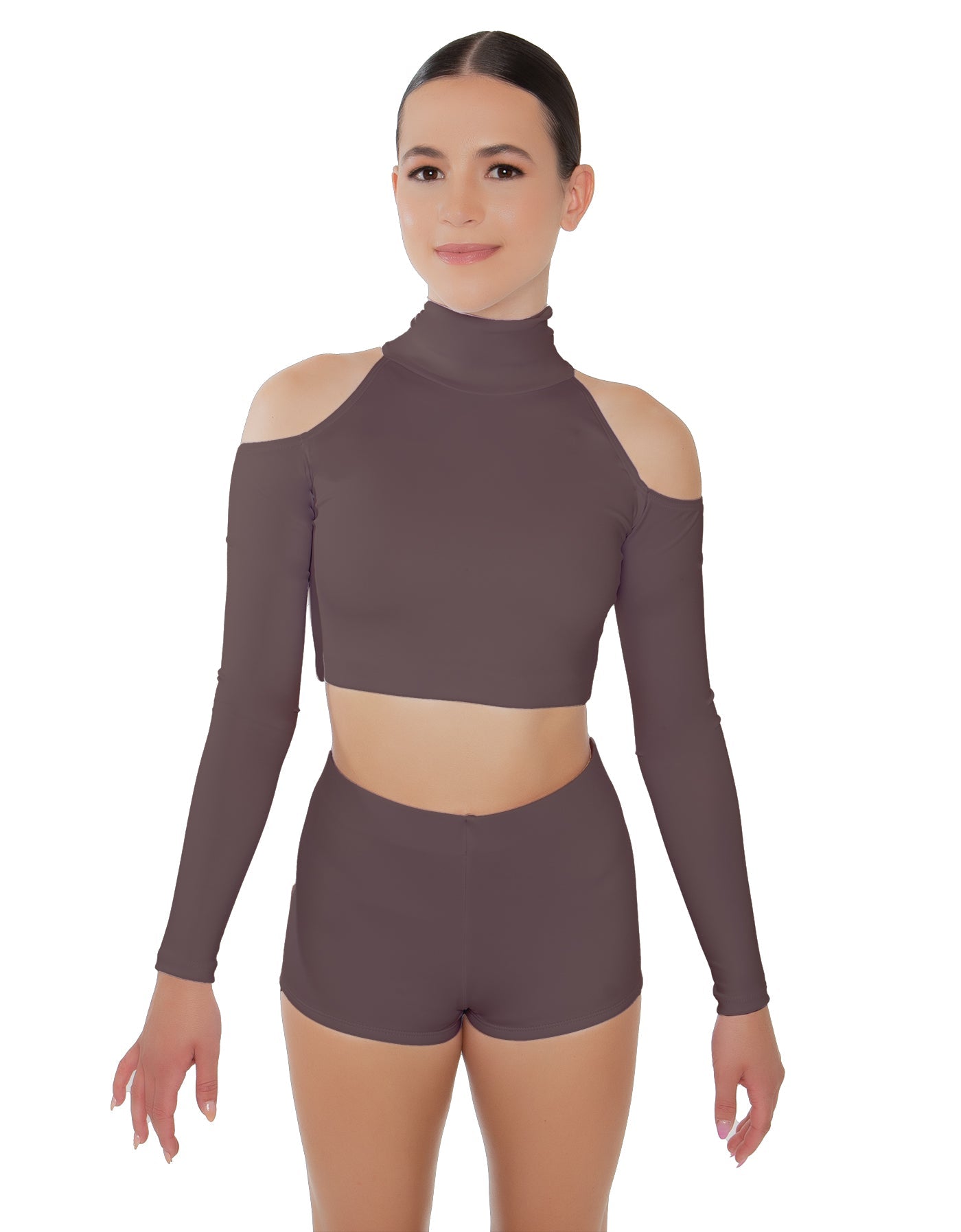 Solid Lycra LS TNeck Keyhole Cold Shoulder Crop Top